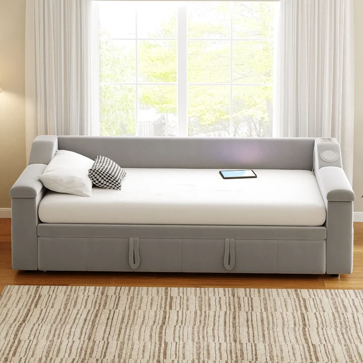 Ausziehbett 90/180×190 cm aus Samt mit Bluetooth-Sound und USB – multifunktionales Schlafsofa mit Stauraum – Bild 3
