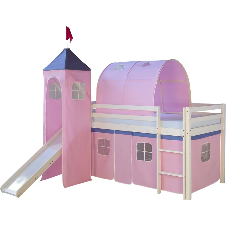 Hochbett mit Lattenrost 90x200 Turm Tunnel Rutsche Stockbett Kinderbett Holz Kiefer Vorhang rosa – Bild 2