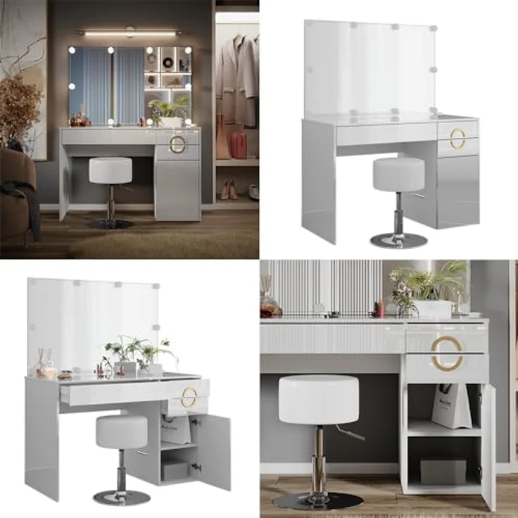 Vicco Schminktisch Adela, Weiß Hochglanz, mit Spiegel, LED-Lichterkette, 3 Fächern und 2 Schubladen, 115x76.4x55 cm – Bild 8