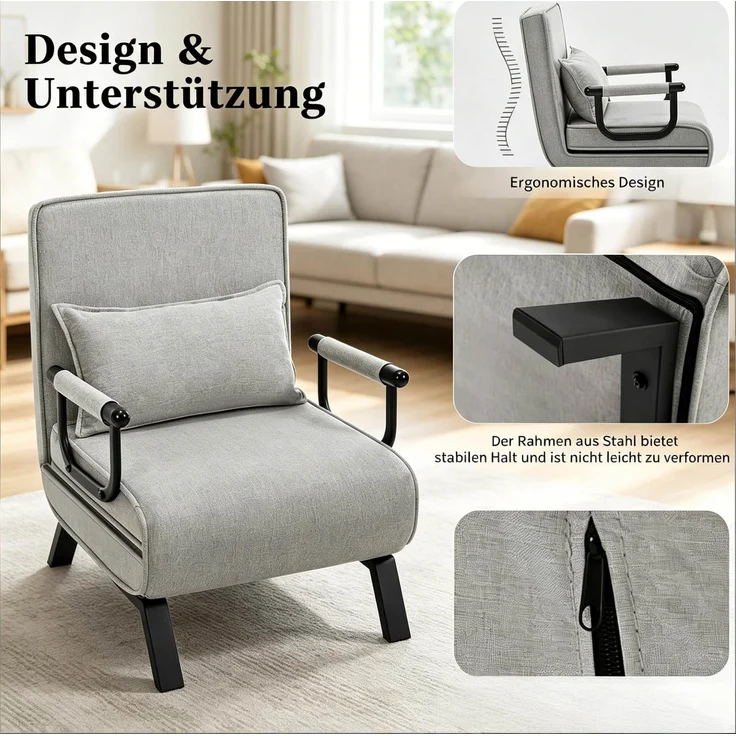 Klappstuhl mit Schlaffunktion 65 x 78 x 75 cm – 3-in-1 Schlafsessel mit verstellbarer Rückenlehne in Hellgrau – Bild 8