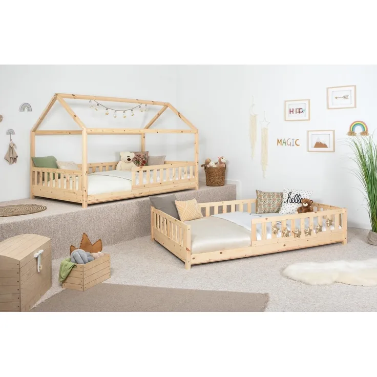 Ticaa Hausbett Duo mit Rausfallschutz aus Kiefer, Bodenbett 100x200, inkl. abnehmbarem Dach, mit Rollrost