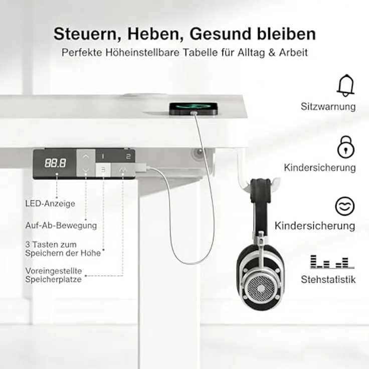 Devoko Höhenverstellbarer Schreibtisch 160x80 cm elektrisch, Höhenverstellung 71-121 cm mit Smart Control, 120 kg Tragkraft, für gesundes Arbeiten – Bild 6