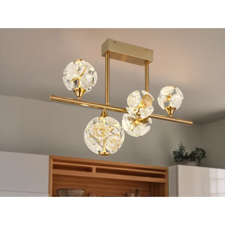 LED Deckenleuchte VIRINA 5-flammig Gold mit Kristall Glaskugeln, Breite 61cm