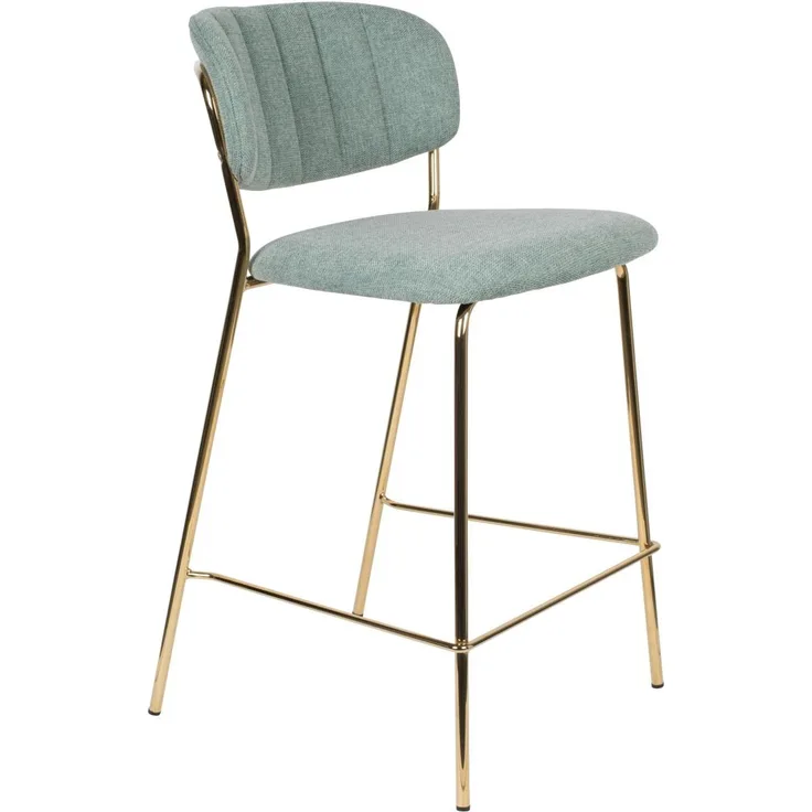 Barhocker Jolien im 2er-Set mit Rückenlehne und Fußstütze, Grün, Stoffbezug, goldfarbenes Metallgestell, 48x54x89 cm
