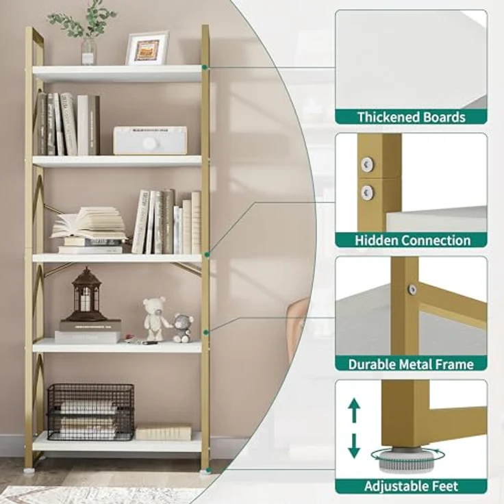 YITAHOME Bücherregal, Standregal mit 5 Ebenen, Hohes Lagerregal mit Metallrahmen, Industrielles Ausstellungsregal, Regaleinheiten, für Wohnzimmer, Schlafzimmer, Homeoffice, Küche, Gold Regal – Bild 6
