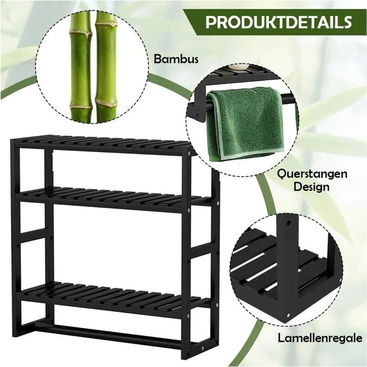 TUWENA Badregal Badezimmerregal 3Etagen Standregal Bambus Badregal verstellbar Schicht, Platzsparend Hängeregal Wandregal Ständer,Handtuchhalter für Bad,Küche – Bild 2
