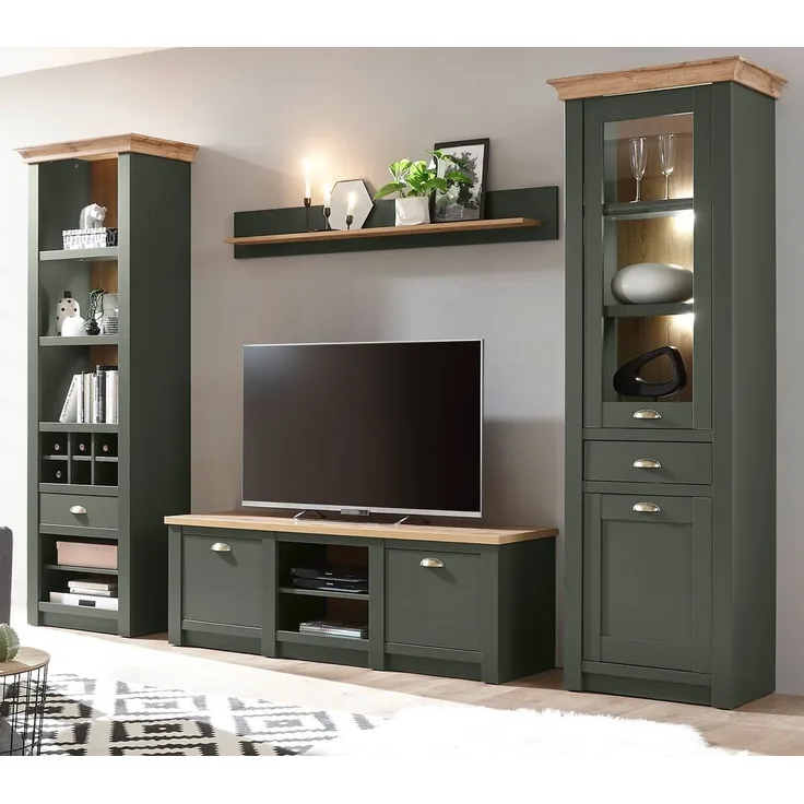 Furn. Design Wohnwand Norwich, (Wohnkombination 4-teilig, dunkelgrün mit Wotan Eiche, 308x207 cm), Landhausstil