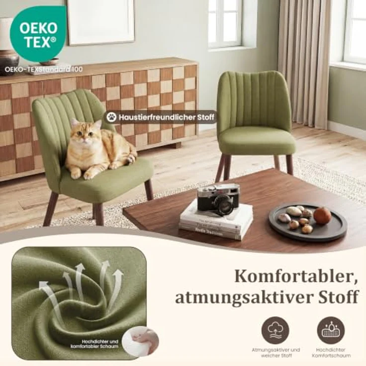 MALOL Esszimmerstühle 2er Set, Polsterstühl mit Rückenlehne, Ergonomisch Gepolsterte Küchenstühle mit vertikaler Rillenlehne, Moderne Esszimmer Stühle für Esstisch Wohnzimmer Café Restaurant, Grün – Bild 7