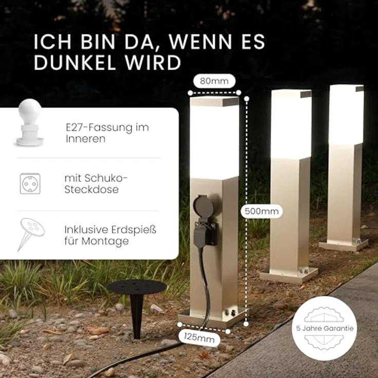 MATO Wegeleuchte mit Steckdose - inkl. Erdspieß, E27 Fassung, Höhe 50 cm - Outdoor Pollerleuchte aus Edelstahl IP44 - Wegleuchte, Sockelleuchte, Standleuchte, Wegeleuchten außen Strom – Bild 3