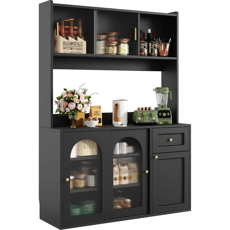 Merax Küchenschrank, Hochschrank, Vitrinenschrank, Buffetschrank mit Verstellbaren Ablagen, Esszimmerschrank, Sideboard mit LED-Beleuchtung, schwarz – Bild 10
