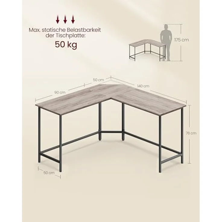 VASAGLE Schreibtisch, L-förmiger Computertisch, 140 x 140 x 76 cm, Eckschreibtisch, platzsparender Bürotisch, Gaming, Homeoffice, einfacher Aufbau, Greige meliert-tintenschwarz LWD073B02V1 – Bild 3