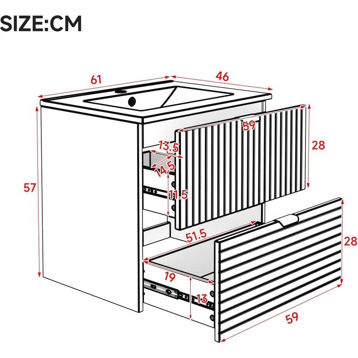 Wandhängender Waschtisch 61 x 46 x 57 cm mit Keramikbecken und zwei Schubladen – Mintgrün – Bild 5