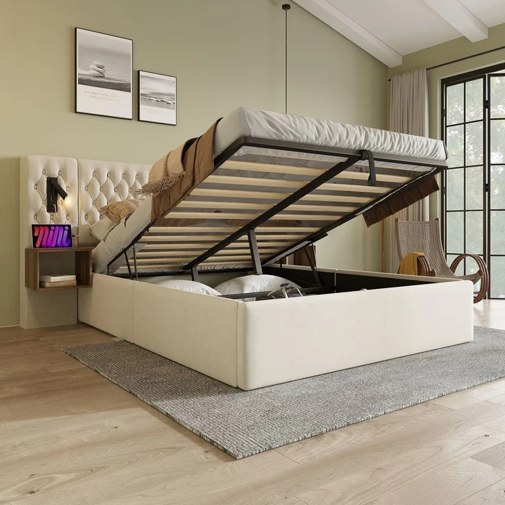 Polsterbett 180x200 cm Beige mit Kopfteil, Nachttischen, LED-Leselampe & Stauraum, hydraulisch verstellbar, USB Type-C Ladefunktion – Bild 2