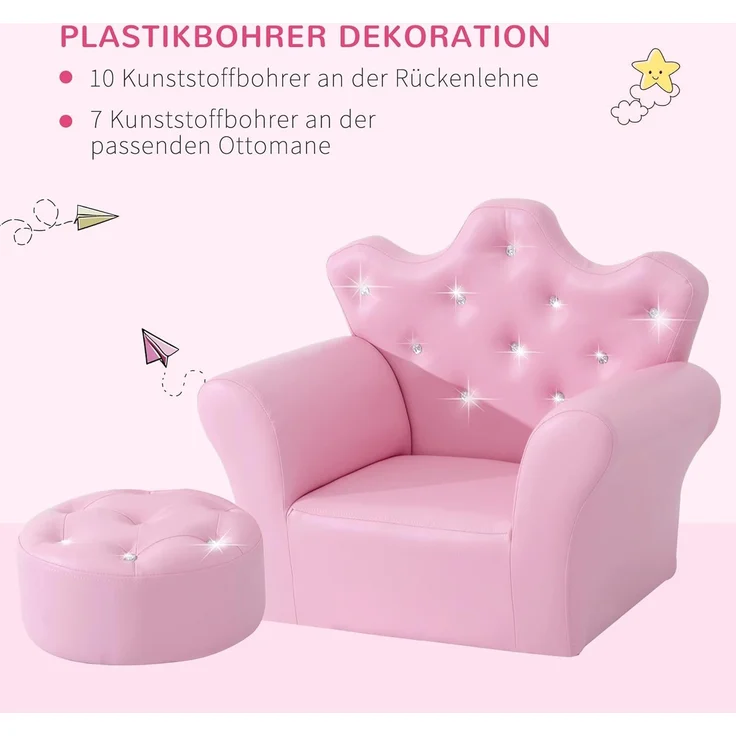 HOMCOM Sessel Kindersofa mit Ottomane Prinzessinnen (Prinzessinnen Sofa, 1-St, Kindersofa), Rosa 58 x 40.5 x 49 cm – Bild 6