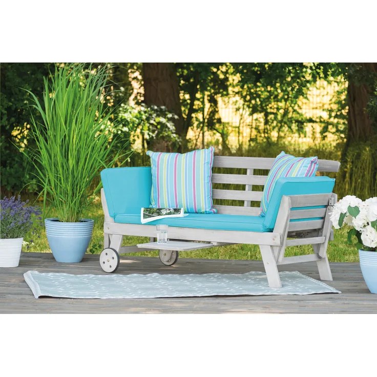 greemotion Multifunktionsbank Maui aus Akazienholz FSC® 100%, Holzbank mit Rollen und klappbaren Armlehnen, Gartenbank als Liege oder Bank nutzbar