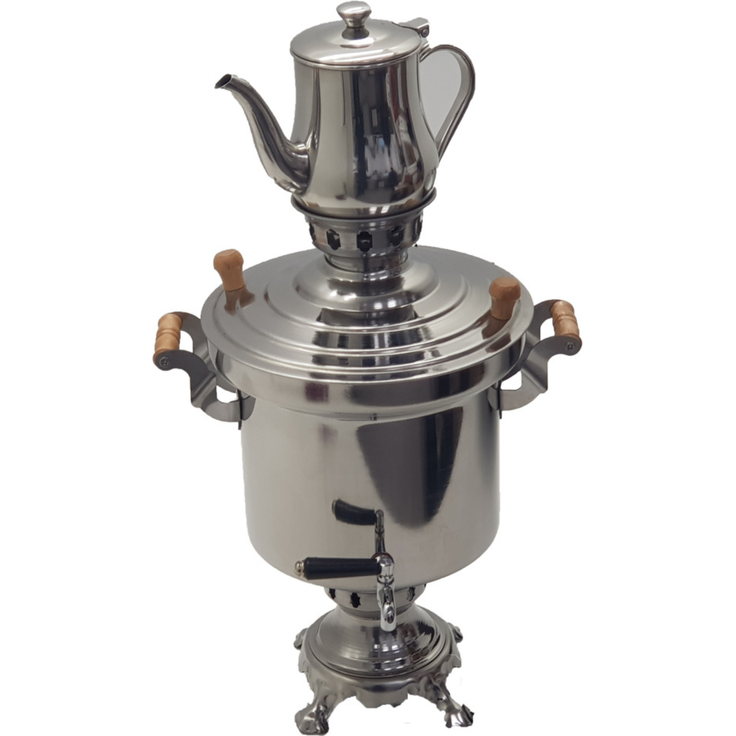 Grillpeter Samowar Set mit Teekanne Holzkohle Teemaschine mit Schornstein, silber