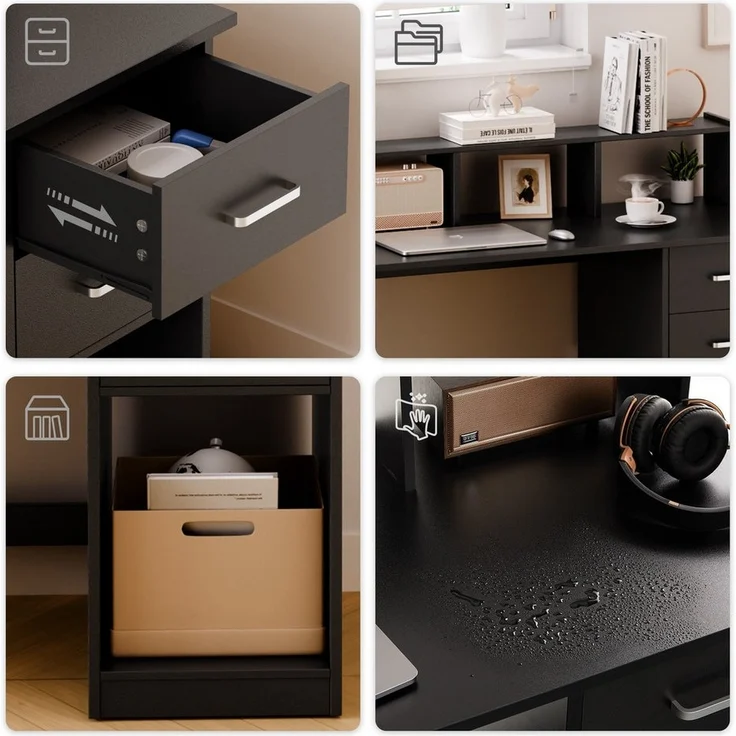 Mondeer Schreibtisch Computertisch, mit 2 Schubladen, Regal & Schrank 105x94x48cm Schwarz – Bild 2