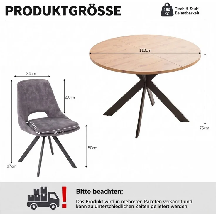 Jiexi Essgruppe Runder Esstisch 110cm MDF Set mit 4 Flanell Stühlen Kreuzgestell – Bild 3
