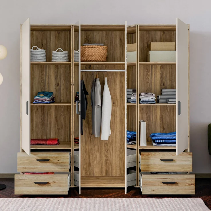 Forte MOKKARO Kleiderschrank 200, moderner Drehtürenschrank, 4-türig, 4 Schubladen, Spiegel, Mauvella Eiche Holzdekor|Kaschmir Beige, 205,9 cm breit x 200,1 cm hoch x 52,7 cm tief – Bild 9