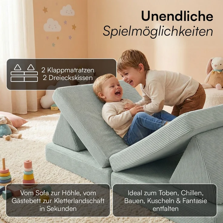 Bellabino 'Nile' Spielsofa mini, 4-tlg, Cord, türkis, faltbare Kindercouch, abnehmbarer & waschbarer Bezug, Kleinkindsofa aus Schaumstoff, bis 6 Jahre, Oeko-Tex zertifiziert – Bild 3