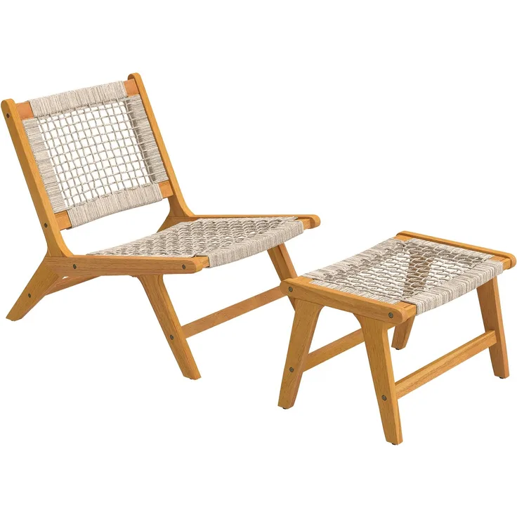 Outsunny Loungesessel Set, Akazienholz, PP-Rattan, Beige, 60L x 83B x 73,5H cm