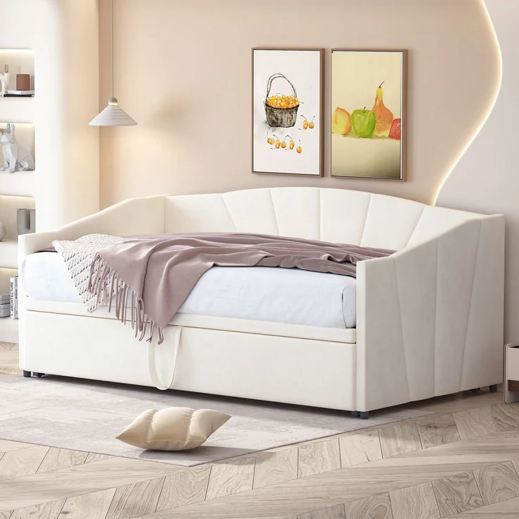 Polsterbett Ausziehbett 90/180x200 cm in Beige, Samtbezug, mit Lattenrost, Matratze nicht enthalten – Bild 3