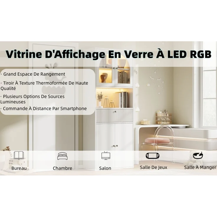 ZUBALIYA LED Glasvitrine, Bücherschrank, Büroschrank mit RGB LED Lichtleisten, Figurenvitrine, Stauraumschrank, Büromöbel, mit Schubladen, Sammlervitrine, Hochschrank, LED Beleuchtung, Weiß, 70 x 35 x 180 cm – Bild 8