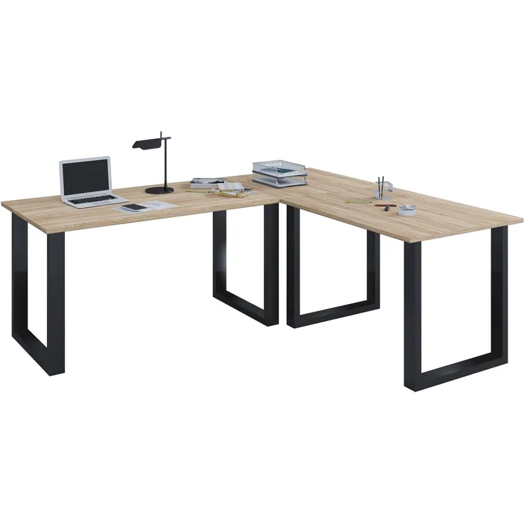 VCM Schreibtisch Lona 916446 Schwarz / Sonoma-Eiche H. 76 x B. 220 x T. 220 cm