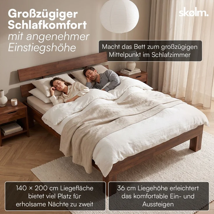 skølm 'Floki' Bett 140x200 cm, Bettgestell aus Eiche, Bettkopf 2 Streben, Massivholzbett lackiert, Walnuss Optik, geeignet als Doppelbett – Bild 8