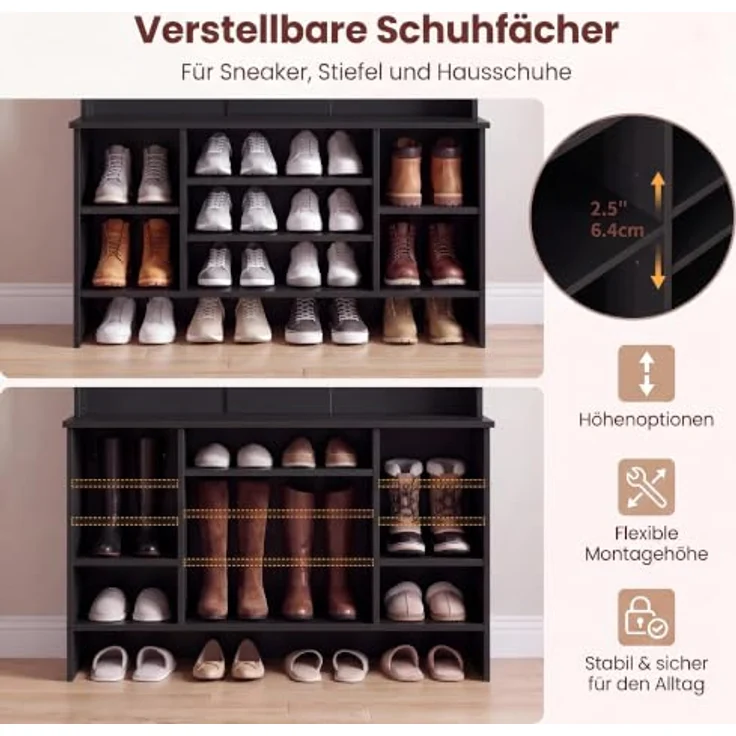 IRONCK Garderobenständer, Garderobe mit Sitzbank und Schuhregal Schwarz | Flurmöbel mit Oberschrank, 4 Dreifach-Haken und 7 Schubfächern, Kleiderständer, Eingangsmöbel für Schlafzimmer 100x35x186 cm – Bild 6