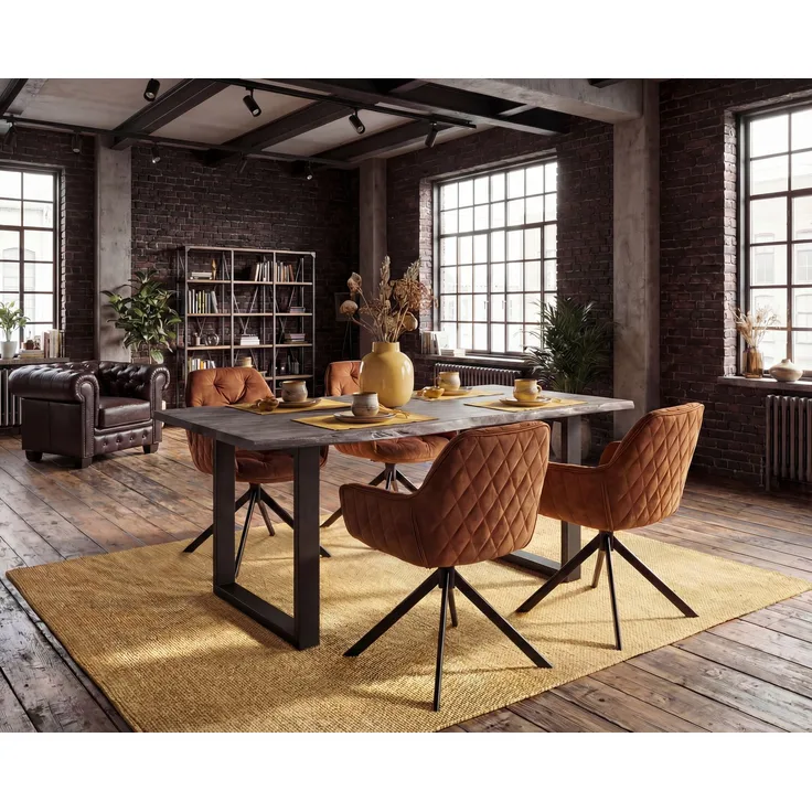 Essgruppe 5-teilig Woodkings Carlton Bullwer 170x90 Akazie massiv Baumkante Tisch grau + 4 drehbare Polsterstühle curry schwarz Holz Metall