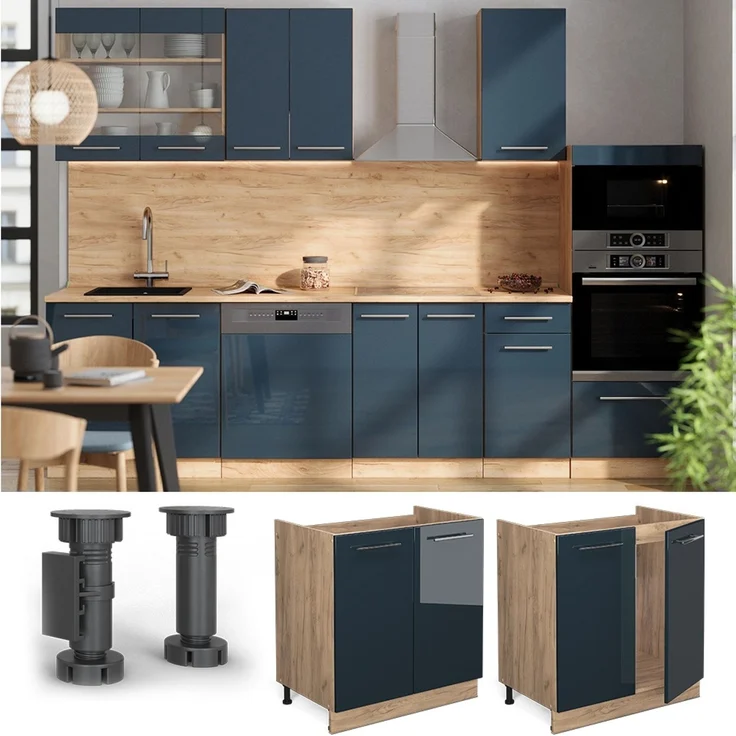 Spülenunterschrank Fame-Line Dunkelblau Hochglanz 80 cm , AP Eiche Vicco – Bild 2
