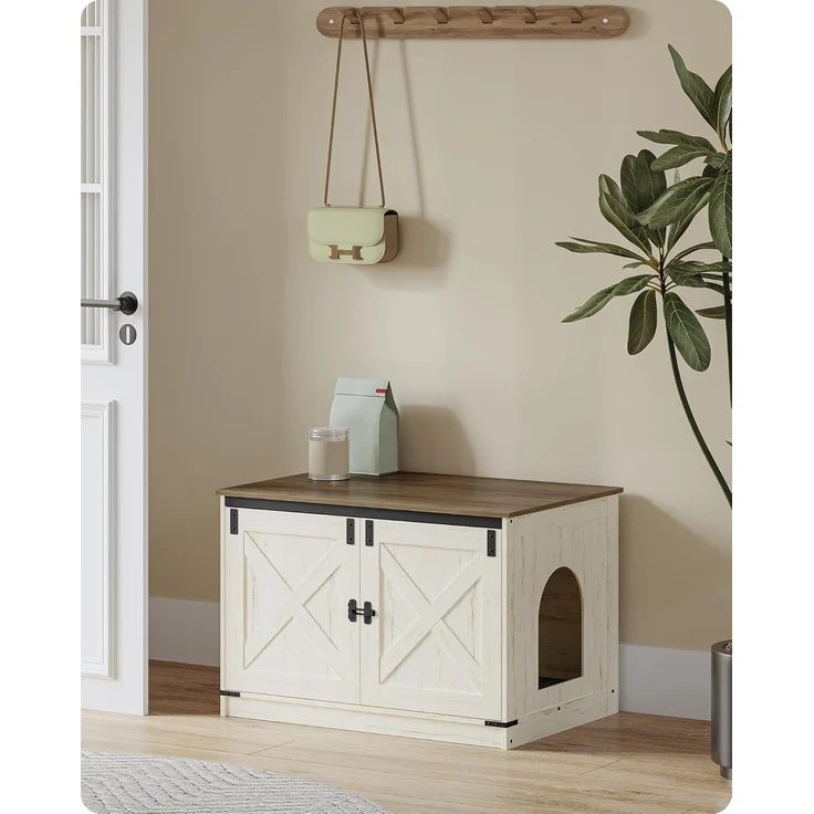 Katzenklo Schrank, Katzenschrank, Katzentoilette mit Herausnehmbarer Trennwand, Katzenhaus, Umkehrbarer Eingang Links oder Rechts, als Sideboard, 80 x 50 x 54 cm, Vintagebraun-Weiß – Bild 1