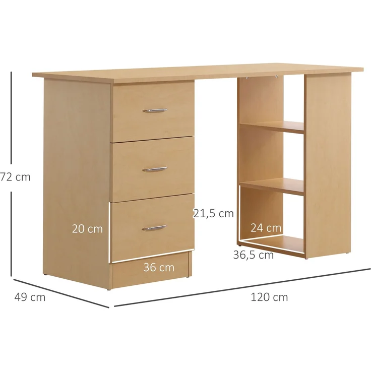 Schreibtisch mit Stauraum, Computertisch 120 x 50 cm, Computertisch mit Regalen und Schubladen, für kleine Räume, Schlafzimmer, helle Holzoptik – Bild 5