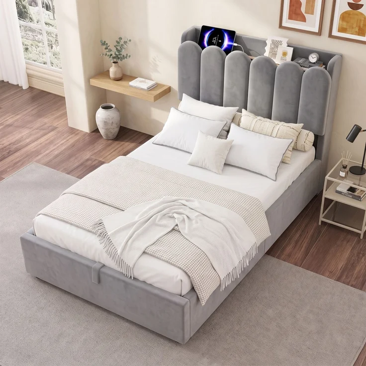 ZUBALIYA Bett mit Lattenrost / Polsterbett, mit großem Stauraum und USB& Type-C-Ladestation und Leselampe und hydraulisches Funktionsbett, Kinderbett 90 x 200 cm, Samt, Grau, für Mädchen und Jungen – Bild 2