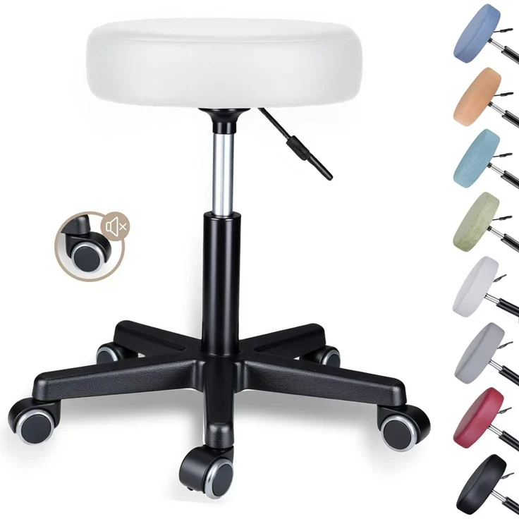 Zedelmaier Rollhocker höhenverstellbar, Bürohocker mit Gummirollen, 360° drehbar Hocker mit Rollen & 10 cm Polsterung, Sitzhocker Werkstatt, Drehhocker ergonomisch, Sitzhöhe 44–58 cm, Weiß