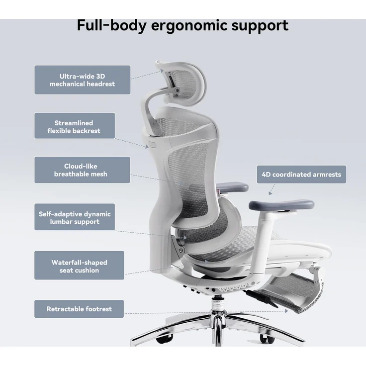 Sihoo 'Doro C300L' ergonomischer Schreibtischstuhl, Mit Fußpedal, 126 x 78,5 cm, in Weiß – Bild 2