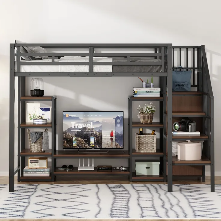 Hochbett 90x200 cm mit TV-Ständer und Steckdose – modernes Design mit stabiler Metall-Holz-Kombination
