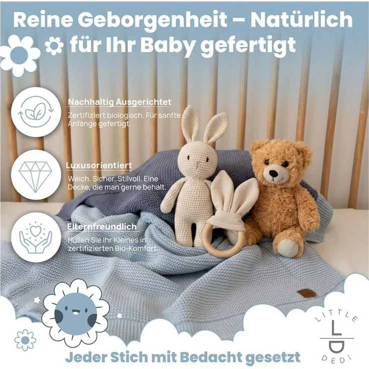 Babydecke Baby Strickdecke, %100 Bio Baumwolle, Atmungsaktiv, 80x100cm, Babyblau, Little Dedi – Bild 2
