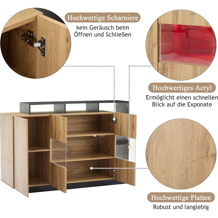 DESVIAE Sideboard mit LED-Beleuchtung 140x94x44 cm aus MDF und Acryl, Holzfarbe mit schwarzem Rahmen – Bild 6