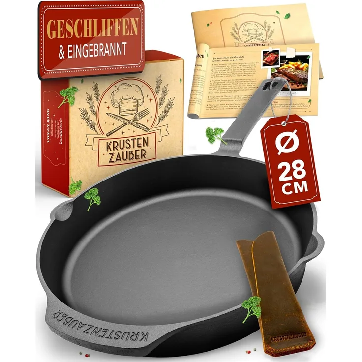 Krustenzauber Bratpfanne Gusseisenpfanne Induktion - Fein Geschliffene Gusseisen Pfanne, (Ideale Grillpfanne Induktion, Eisenpfanne, Cast Iron Pan, Bratpfanne, Gusseiserne Pfanne Skillet Gusspfann)