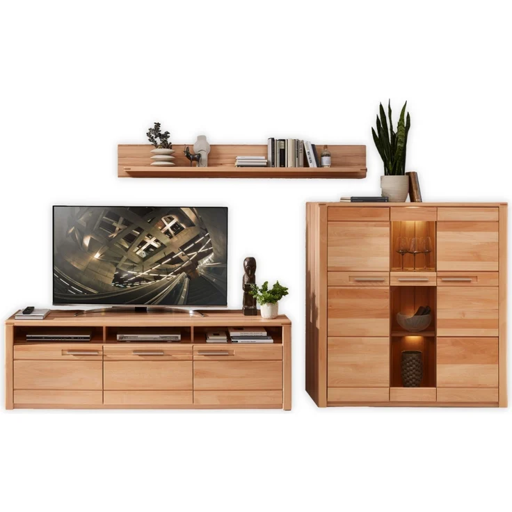 Wohnwand >Nature One< 3-teilig, mit LED, FSC, in Kernbuche teimassiv - 330x180x45cm (B/H/T) – Bild 2