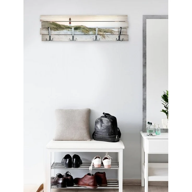 Kreative Feder Wandgarderobe Wandgarderobe "Leuchtturm" aus Holz, im Shabby-Chic-Design farbig bedruckt ca. 30x100cm 4 Doppel-Haken – Bild 3