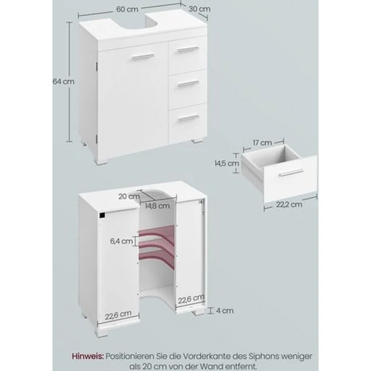 VASAGLE Badezimmerschrank, 30 x 60 x 64 cm, Waschbeckenunterschrank mit Füßen, weiß – Bild 5