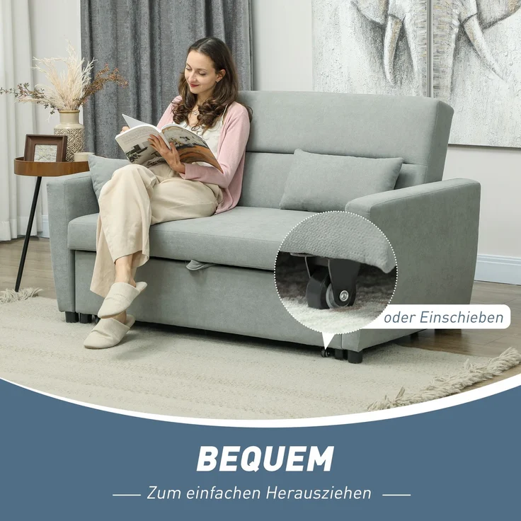 Schlafsofa 2 in 1 Gästebett 155x90 cm Rollen verstellbare Rückenlehne Stoff Sofa Bett Tagesbett Lounge Hellgrau – Bild 4