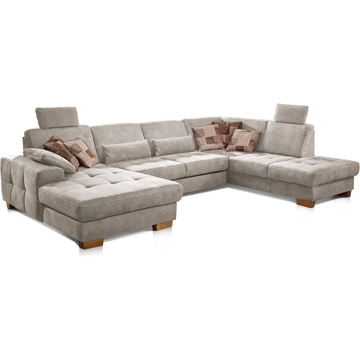 CAVADORE Wohnlandschaft Puccino mit Federkern, Sitztiefenverstellung und 2 Kopfstützen / Sofa in U-Form im Landhausstil / 340 x 86 x 224 cm / Mikrofaser Creme