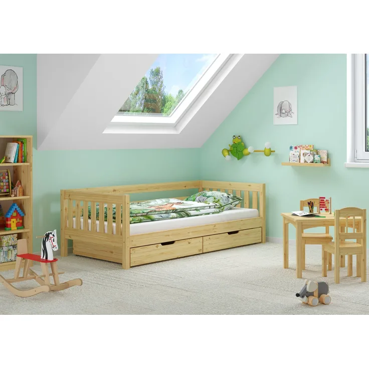 Gemütliches Kinderbett mit dreiseitiger Sicherung 90x200 cm Kiefer V-60.29-09Rollrost und Doppelbettkasten inkl.