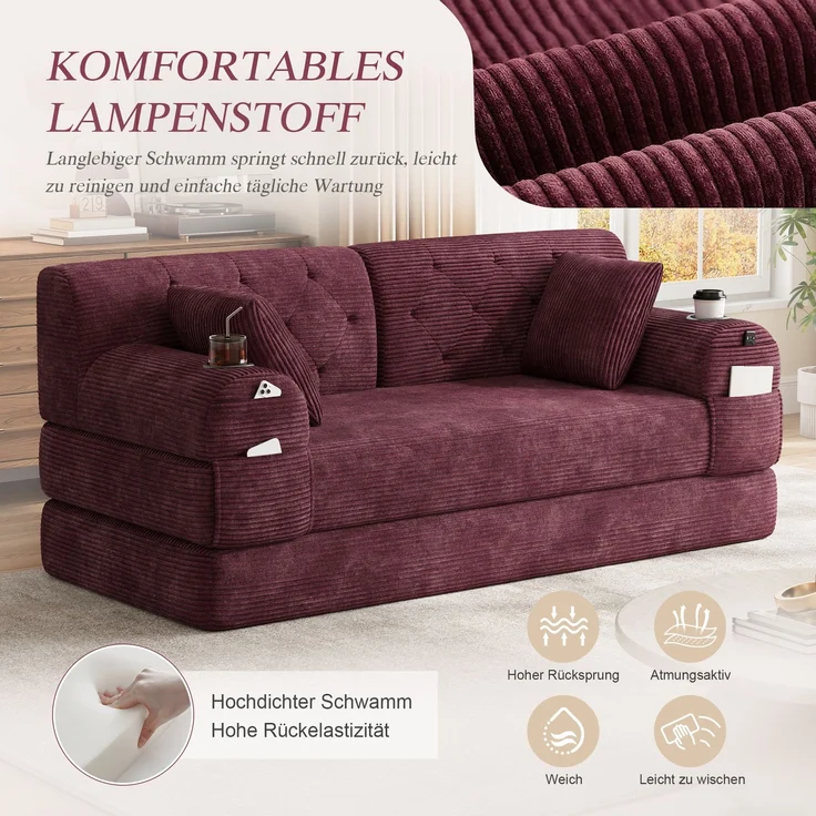 TavilaEcon 2-Sitzer Schlafsofa, komprimiertes Cord Sofa mit hoher Rückenlehne rot 81 × 80 × 168 cm (H × T × B) – Bild 10