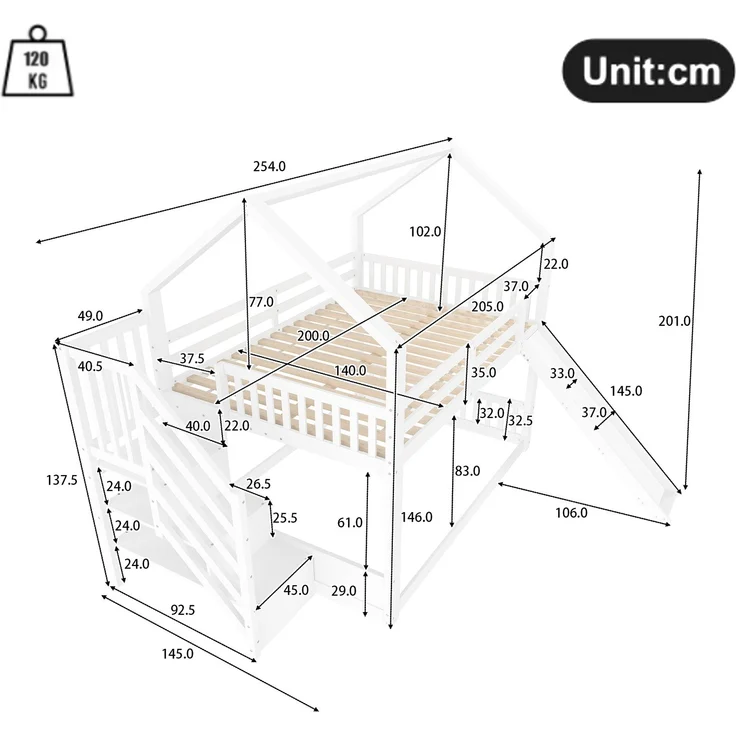 Etagenbett mit Stauraumtreppe und Rutsche, Hausbett(Ohne Matratze), Kinderbett mit Geländer,geeignet für Kinder, Jugendliche, 140x200 cm, Weiß – Bild 6