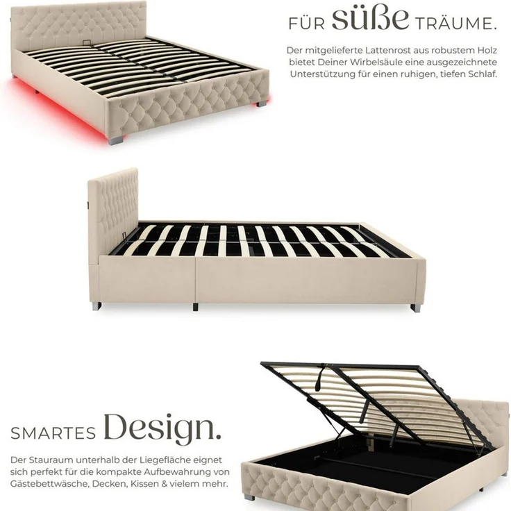 tectake Polsterbett Komfortbett mit LED-Leisten & Stauraum - Samtoptik mit Steppmuster (Bettset, in Samtoptik Sand), stabiler Stahlrahmen, Belastbarkeit 300 kg – Bild 2
